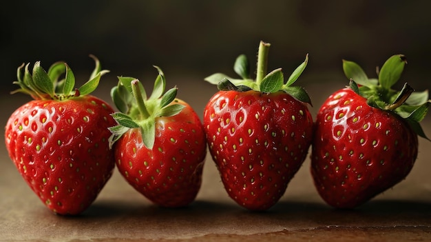 Un trio di fragole succose su un tavolo di legno