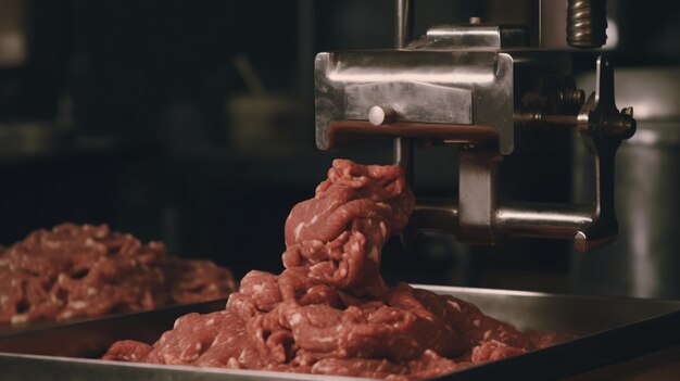 un tritacarne che cattura il processo di trasformazione della carne in carne macinata