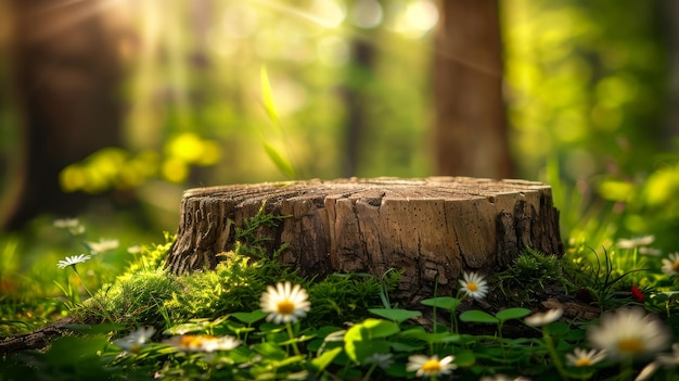 Un tronco d'albero sereno in mezzo alla verdura lussureggiante di un paesaggio forestale abbracciato dalla natura