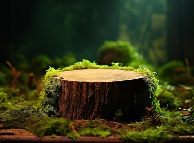 Un tronco di albero muschio in una foresta modello di esposizione del prodotto