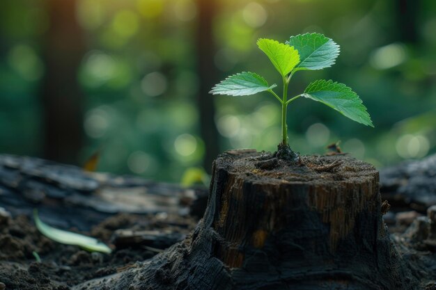 Un tronco di albero resistente con una piccola pianta verde