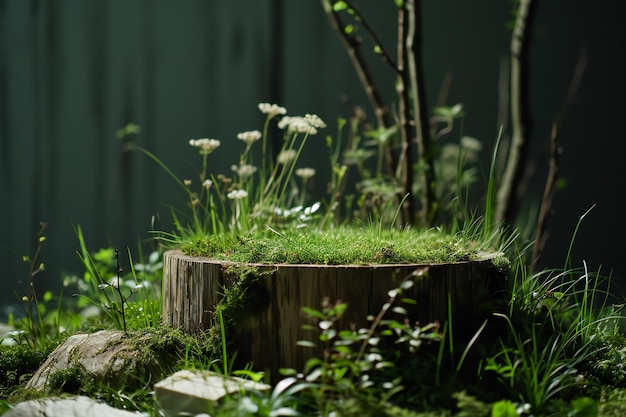 Un tronco di legno con erba e fiori sullo sfondo di un muro verde