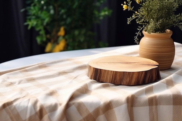 Un tronco di legno vuoto su un tavolo con una tovaglia moderna.