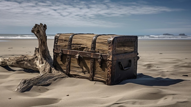 Un tronco intemperato sulla sabbia della spiaggia.