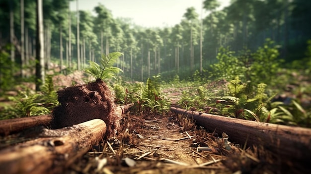 Un tronco nella foresta con un tronco d'albero in primo pianogenerativo ai