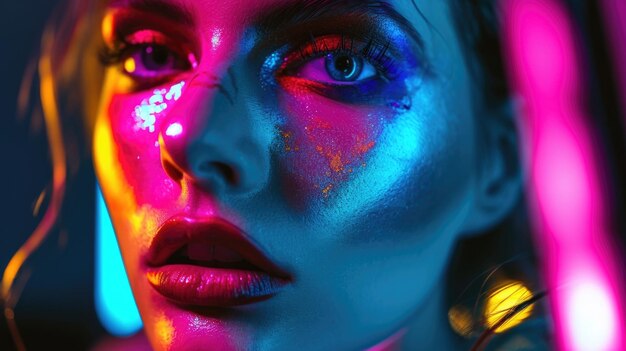 Un truccatore applica con abilità vividi colori al neon al viso di una modella creando un aspetto di trucco sorprendente