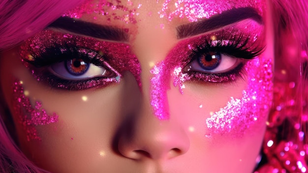 Un trucco per gli occhi glitterato rosa con uno sfondo rosa e la parola rosa su di esso.