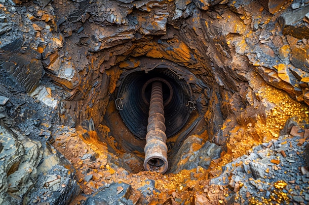 Un tubo di ferro rustico che emerge da una formazione rocciosa texturata con vivide sfumature arancione