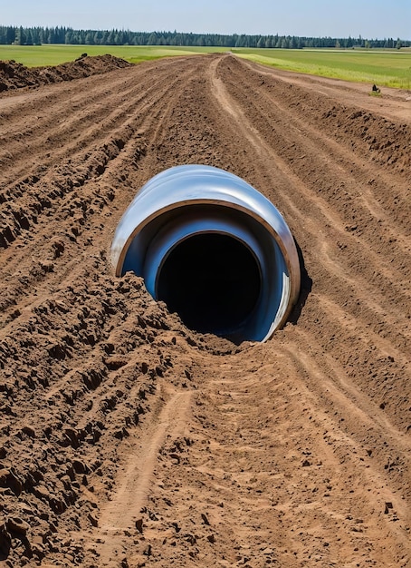 Un tubo di plastica blu è adagiato su un campo con un contenitore blu al centro.