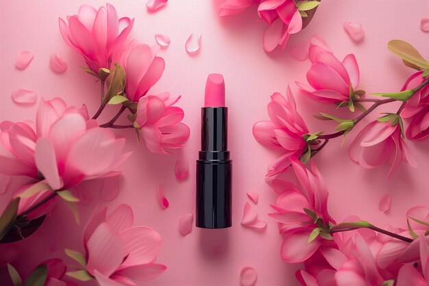 Un tubo di rossetto rosa è visualizzato sulla parte superiore di un grappolo di fiori rosa vivaci sullo sfondo