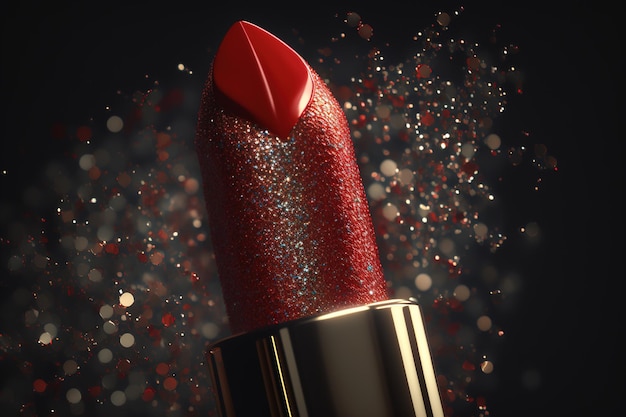 Un tubo di rossetto rosso con scintillii cosmetici per il trucco di lusso o salone di bellezza copia spazio AI generativo