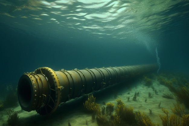 Un tubo è sott'acqua con un uomo sullo sfondo.