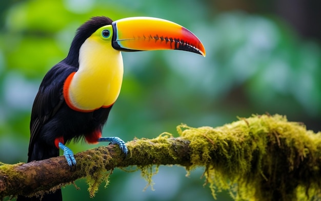 un tucano colorato con il becco giallo e gli occhi verdi