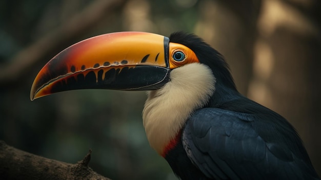 Un tucano con un becco nero siede su un ramo nella giungla.