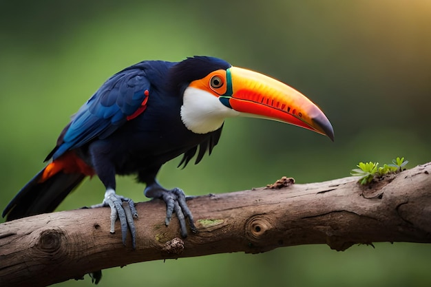 Un tucano siede su un ramo con uno sfondo verde.