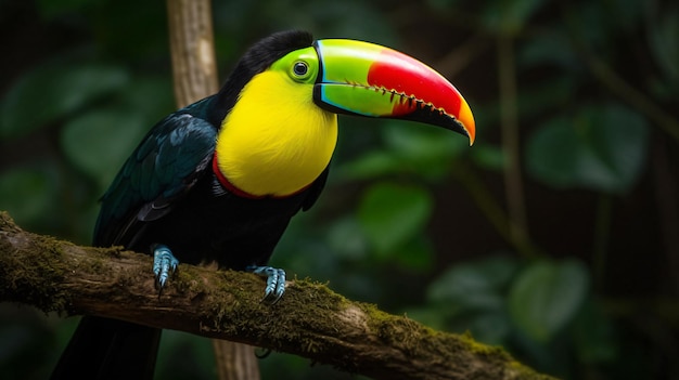 Un tucano siede su un ramo nella foresta pluviale amazzonica.