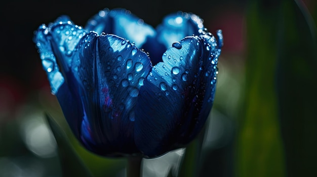 Un tulipano blu con gocce d'acqua su di esso