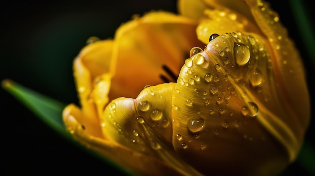 Un tulipano giallo con gocce d'acqua su di esso