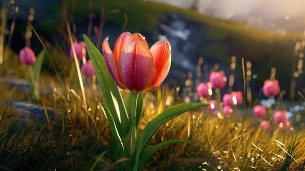 Un tulipano in un campo con una montagna sullo sfondo