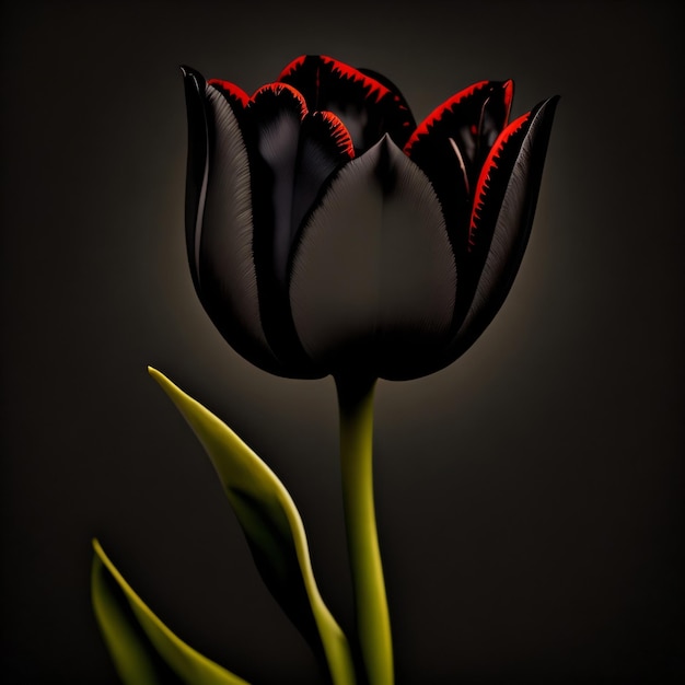 Un tulipano nero e rosso con un gambo verde e la parola tulip su di esso.