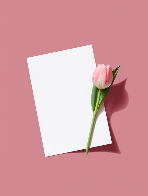 Un tulipano rosa su una carta bianca