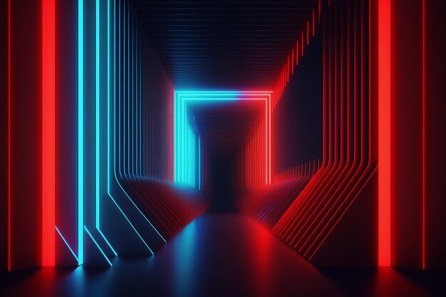 Un tunnel buio con luci al neon e una porta che dice "blu"