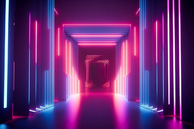 Un tunnel buio con luci al neon e uno sfondo rosa e blu.