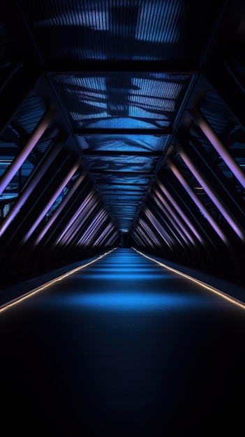 Un tunnel buio con luci blu e una luce blu