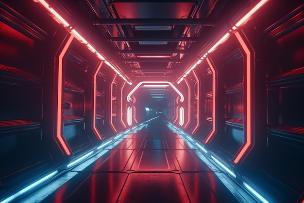 Un tunnel buio con luci rosse e sfondo blu