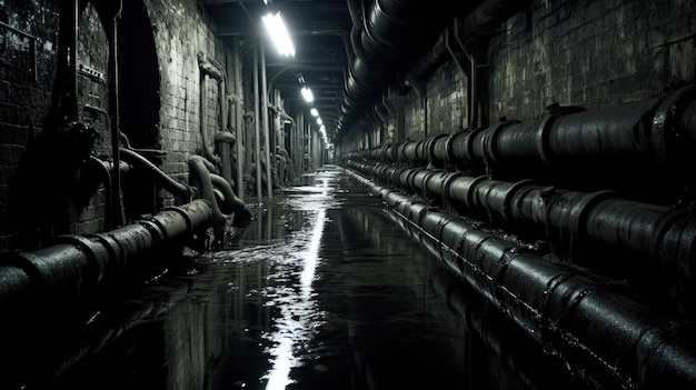 Un tunnel buio con tubi e acqua ai