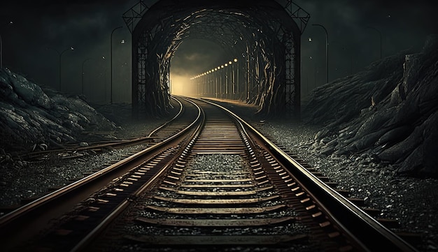 Un tunnel buio con un binario ferroviario e una luce accesa.