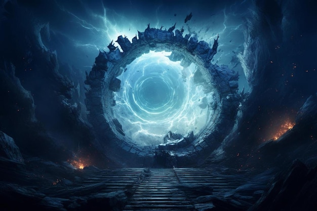 un tunnel buio con un cerchio blu e un cerchio azzurro al centro.