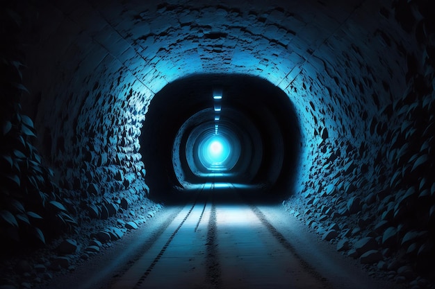Un tunnel buio con una luce blu in fondo.