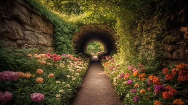 Un tunnel con fiori e un ponte sullo sfondo