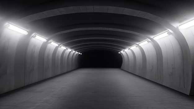 Un tunnel con luci sul soffitto e un tunnel con sfondo bianco.