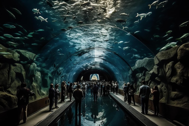 Un tunnel con un acquario sullo sfondo
