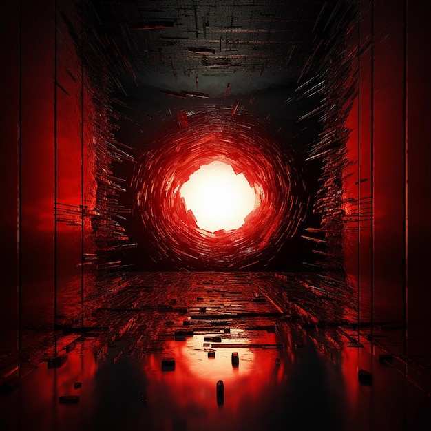 un tunnel con una luce rossa sopra e una luce rossa al centro.