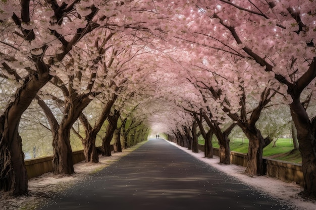 Un tunnel di fiori di ciliegio con alberi in fiore che si inarcano in alto creato con l'IA generativa