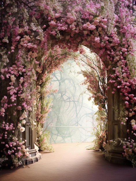 un tunnel di fiori è ornato da grandi fiori rosa profumati, profumati.