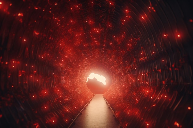 Un tunnel di luce rossa con una luce sopra