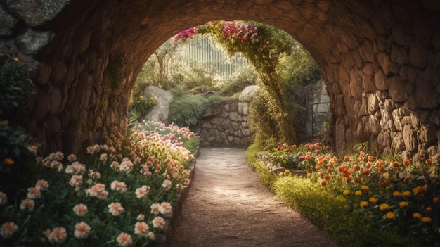 Un tunnel fatto di pietra e con sopra dei fiori.