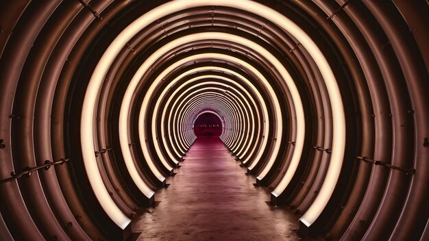 Un tunnel metallico senza fine con luci al neon