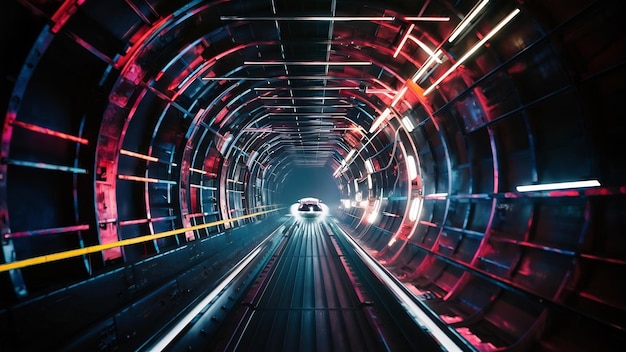 Un tunnel metallico senza fine con luci al neon