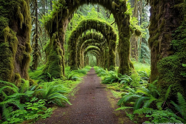 Un tunnel nella foresta con muschio e felci