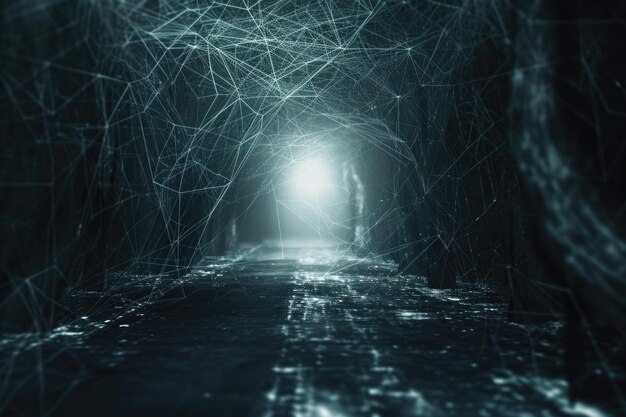 Un tunnel scarsamente illuminato con una debole luce visibile all'estremità creando un contrasto visivo speranzoso e avvincente rappresentazione concettuale di darknet o deep web AI generato