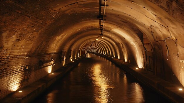 Un tunnel sotterraneo con l'acqua che scorre attraverso di esso Il tunnel è fatto di mattoni e ha un soffitto curvo L'acqua è calma e ferma