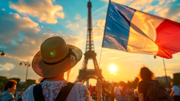 Un turista abbraccia la bandiera francese al tramonto alla Torre Eiffel