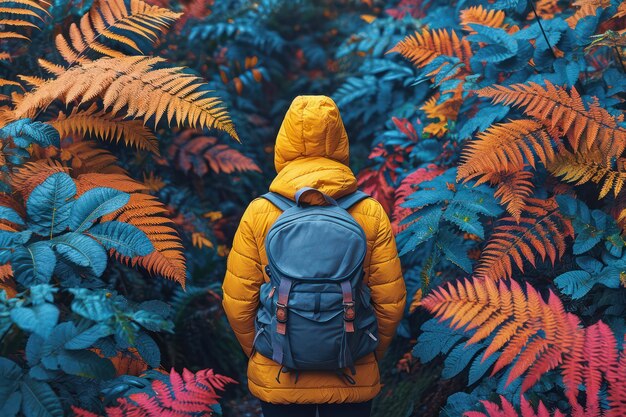 Un turista con uno zaino dietro le spalle si trova di fronte alla foresta in attesa di una meravigliosa passeggiata primo piano estremo AI generativa