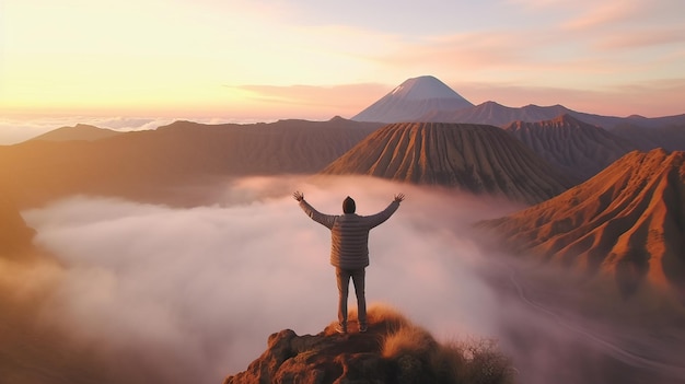 un turista è in piedi con entrambe le mani alzate sulla cima di un vulcano di montagna Bromo