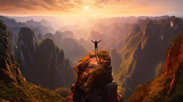 un turista è in piedi dopo aver conquistato con successo la vetta della montagna Zhangjiajie